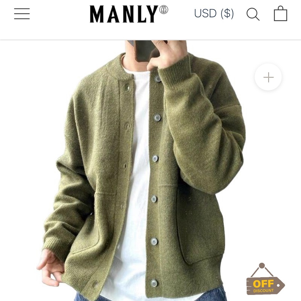 MANLY Olive Green Men's Wool Blend Cardigan